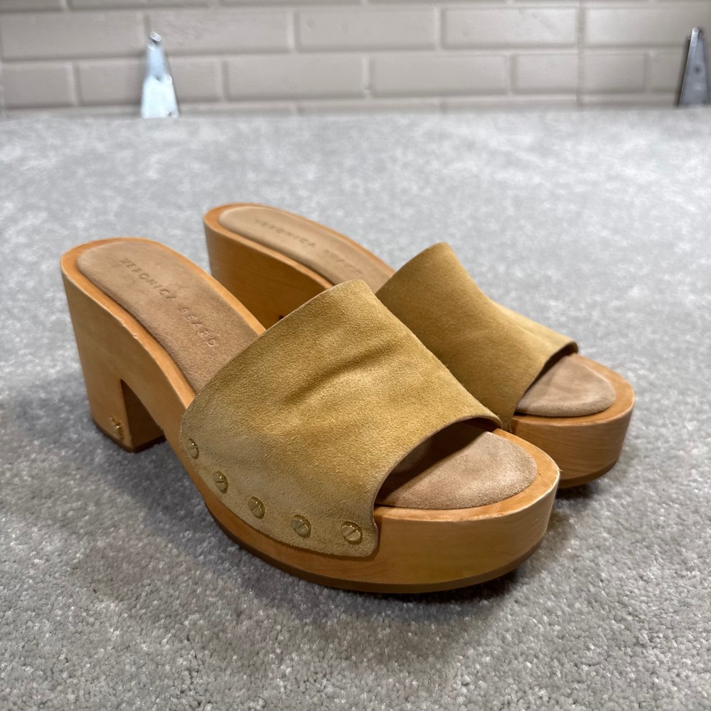 Veronica Beard Hannalee Suede Sandals Tan Wooden Platform Clog Stud Slides 8M